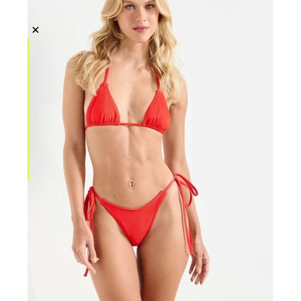 OneOne Women Red Ribbed Bikini Set Triangle Top Tie Side Bottom NWT Size L